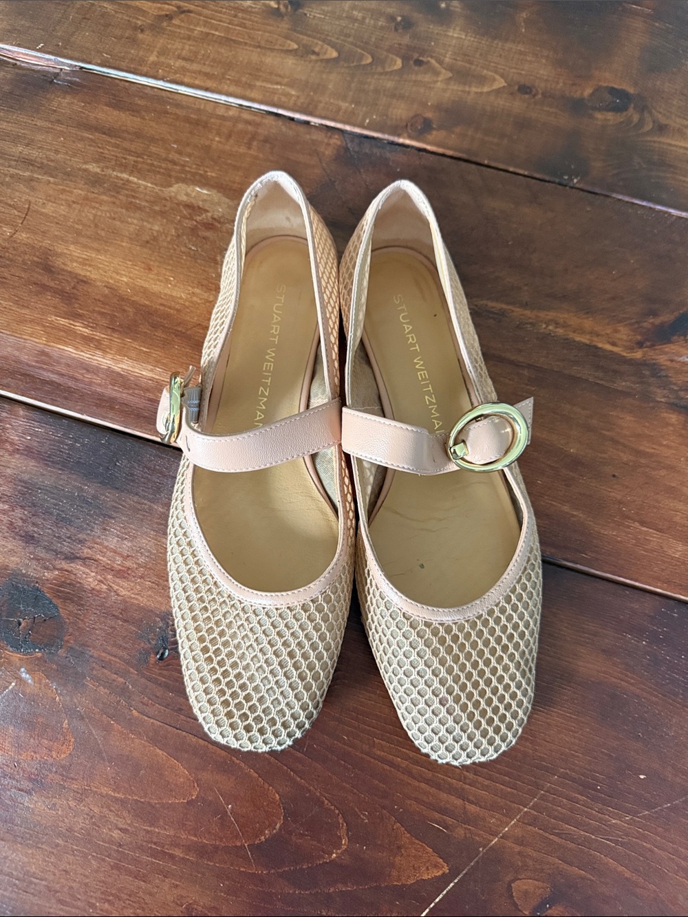 Stuart Weitzman Nude Mesh Mary Jane Flats with Gold Buckle